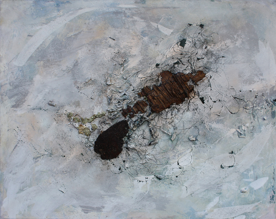 Ohne Titel 18-03, 2018, Acryl, Holz, Altmetall, Rosshaar, Champagnerkreide auf Leinwand, 80 x 100 cm