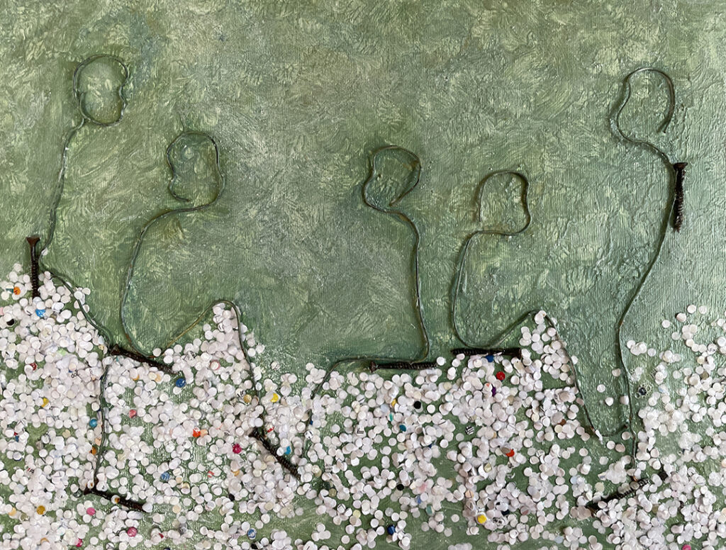 Ohne Titel 25-01, 2025, Acryl, Altmetall, Papier auf Leinwand, 30 x 40 cm