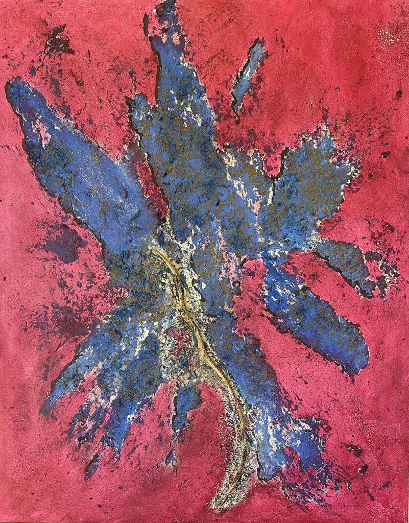 Ohne Titel 25-03, 2025, Acryl, Altmetall, Champagnerkreide auf Leinwand, 100 x 80 cm