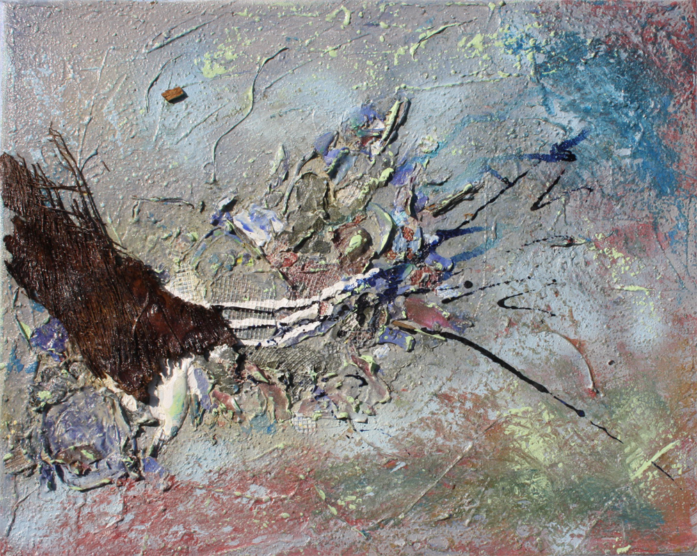 Ohne Titel 18-09, 2018, Acryl, Holzspäne, Rinde, Tusche, Champagnerkreide auf Leinwand, 40 x 50 cm